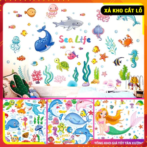 Giảm giá tranh decal dán tường cho bé, bộ sưu tập đại dương cá heo, cá mập, cá voi đẹp mắt.