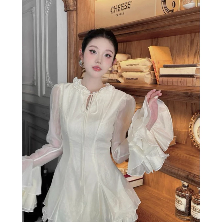 -Đầm Bánh Bèo Cổ Tay Bồng JENLLY, Váy Tiểu Thư Bánh Bèo Thắt Dây Nhẹ Nhàng Sang Chảnh 2 Màu Kem,Trắng.T13