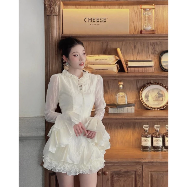 -Đầm Bánh Bèo Cổ Tay Bồng JENLLY, Váy Tiểu Thư Bánh Bèo Thắt Dây Nhẹ Nhàng Sang Chảnh 2 Màu Kem,Trắng.T13