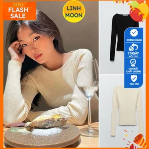 áo len dệt cổ thuyền đen be kẻ trẻ trung nữ tính