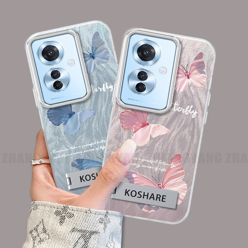 Ốp Lưng Cho OPPO Reno 11F 5G Silicon TPU Lông Vũ Sợi Ốp Lưng Điện Thoại Với Họa Tiết Bướm Chuyển Đổi Đi Kèm Giá Đỡ Điện Thoại Miễn Phí