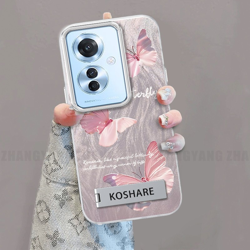 Ốp Lưng Cho OPPO Reno 11F 5G Silicon TPU Lông Vũ Sợi Ốp Lưng Điện Thoại Với Họa Tiết Bướm Chuyển Đổi Đi Kèm Giá Đỡ Điện Thoại Miễn Phí