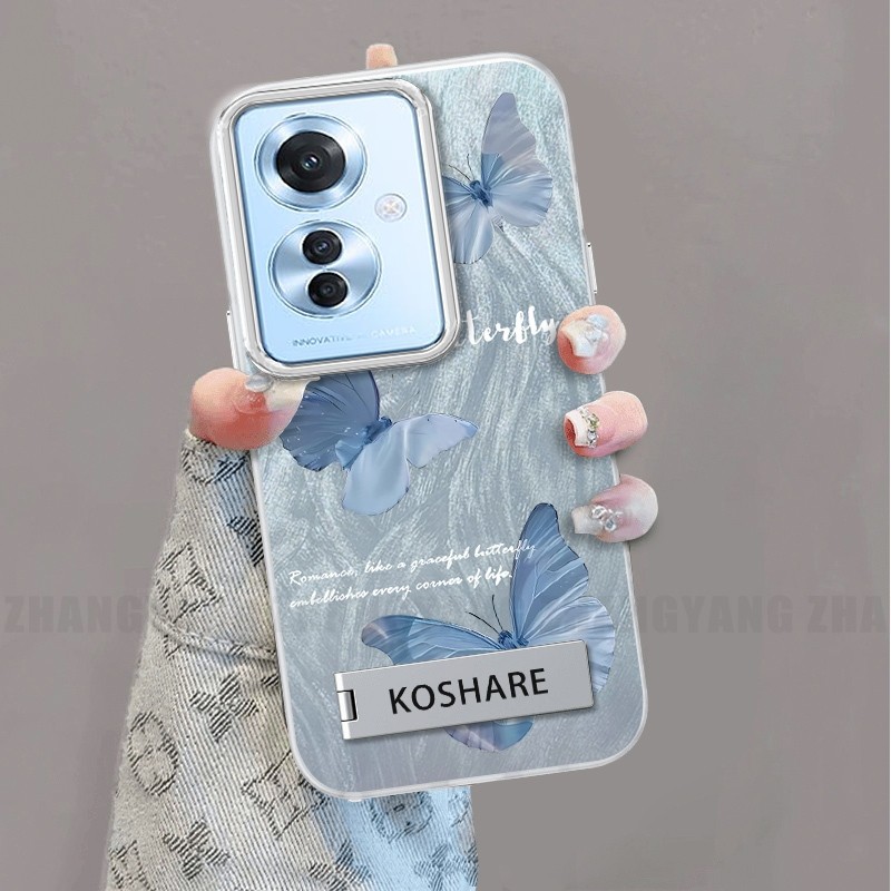 Ốp Lưng Cho OPPO Reno 11F 5G Silicon TPU Lông Vũ Sợi Ốp Lưng Điện Thoại Với Họa Tiết Bướm Chuyển Đổi Đi Kèm Giá Đỡ Điện Thoại Miễn Phí