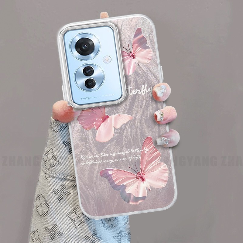 Ốp Lưng Cho OPPO Reno 11F 5G Silicon TPU Lông Vũ Sợi Ốp Lưng Điện Thoại Với Họa Tiết Bướm Chuyển Đổi Đi Kèm Giá Đỡ Điện Thoại Miễn Phí