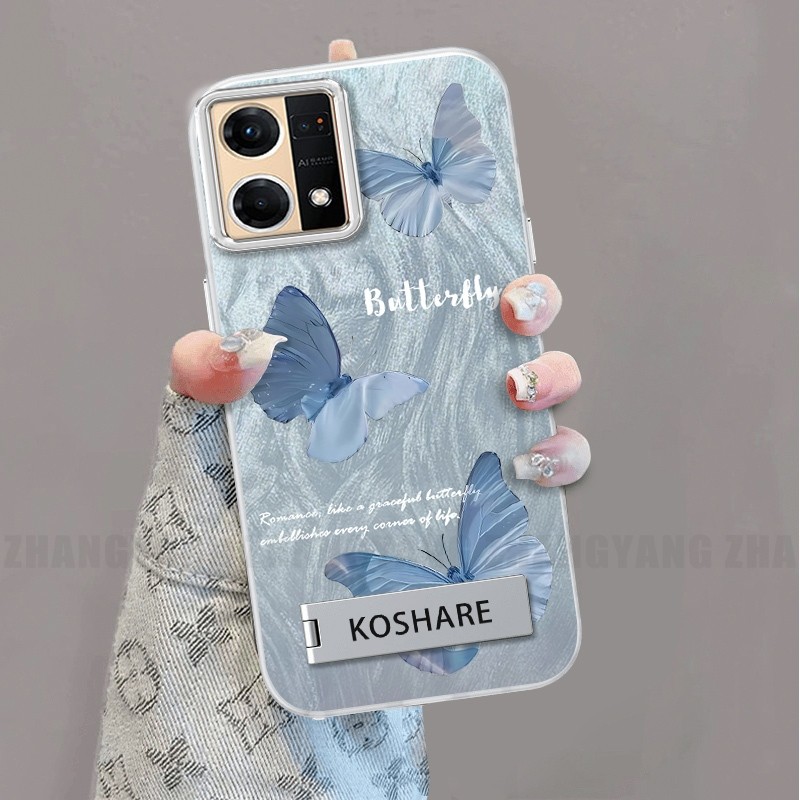 Ốp Lưng Cho OPPO Reno 7 4G Reno 8 4G Silicone TPU Lông Vũ Sợi Ốp Lưng Điện Thoại Họa Tiết Bướm Chuyển Đổi Đi Kèm Giá Đỡ Điện Thoại Miễn Phí