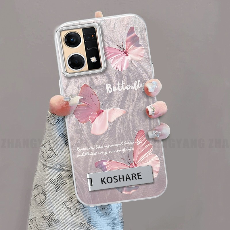 Ốp Lưng Cho OPPO Reno 7 4G Reno 8 4G Silicone TPU Lông Vũ Sợi Ốp Lưng Điện Thoại Họa Tiết Bướm Chuyển Đổi Đi Kèm Giá Đỡ Điện Thoại Miễn Phí