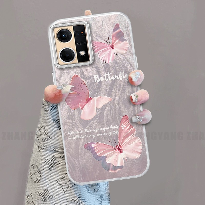 Ốp Lưng Cho OPPO Reno 7 4G Reno 8 4G Silicone TPU Lông Vũ Sợi Ốp Lưng Điện Thoại Họa Tiết Bướm Chuyển Đổi Đi Kèm Giá Đỡ Điện Thoại Miễn Phí