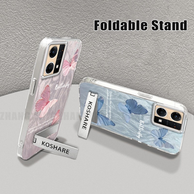 Ốp Lưng Cho OPPO Reno 7 4G Reno 8 4G Silicone TPU Lông Vũ Sợi Ốp Lưng Điện Thoại Họa Tiết Bướm Chuyển Đổi Đi Kèm Giá Đỡ Điện Thoại Miễn Phí