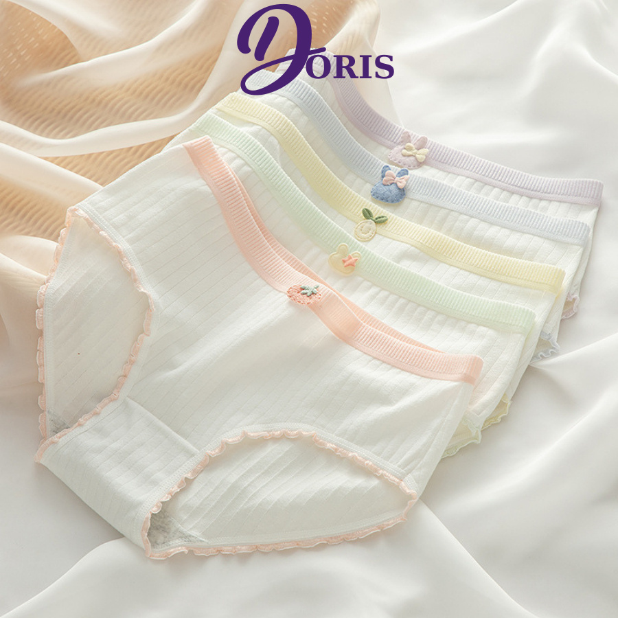 Quần Lót Cotton Nữ Phối Viền Bèo Nhún Đính Nơ Sticker Dễ Thương DORIS 268