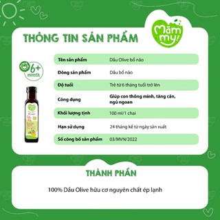 Dầu Olive bổ não Mămmy cho trẻ ăn dặm, hữu cơ nguyên chất chai 100ml
