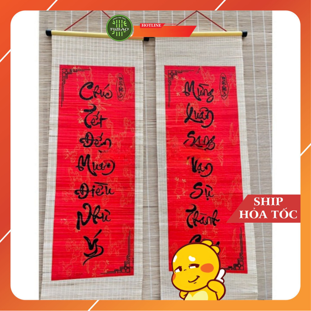 Một cặp Mành tre câu đối đỏ viết chữ thư pháp R30cmxD90cm. Mành tre ...
