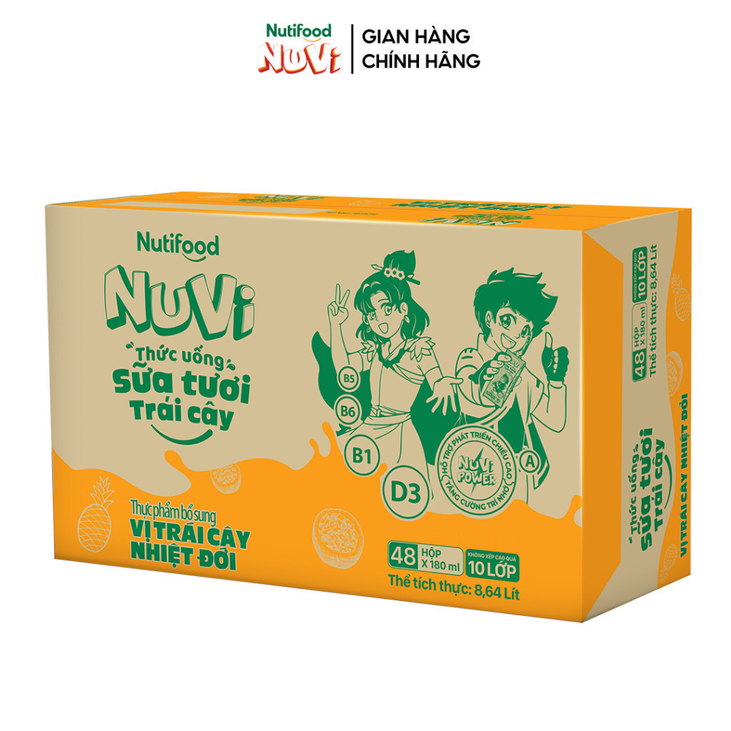 Thùng 48 Hộp Thức Uống Sữa Tươi Trái Cây NuVi Vị Trái Cây Nhiệt Đới 180ml