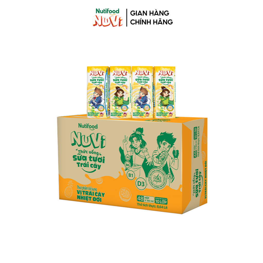 Thùng 48 Hộp Thức Uống Sữa Tươi Trái Cây NuVi Vị Trái Cây Nhiệt Đới 180ml