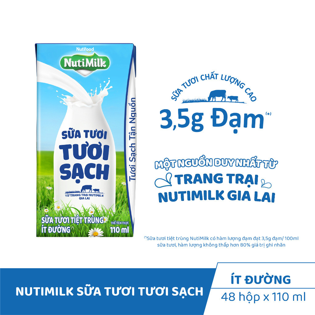 Ảnh Thùng Sữa Tươi Tươi Sạch NutiMilk Ít Đường 110ml (Hộp 110ml x 48) 3