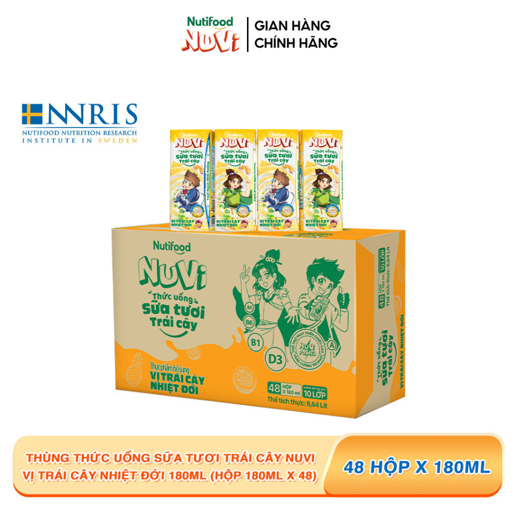 Thùng 48 Hộp Thức Uống Sữa Tươi Trái Cây NuVi Vị Trái Cây Nhiệt Đới 180ml