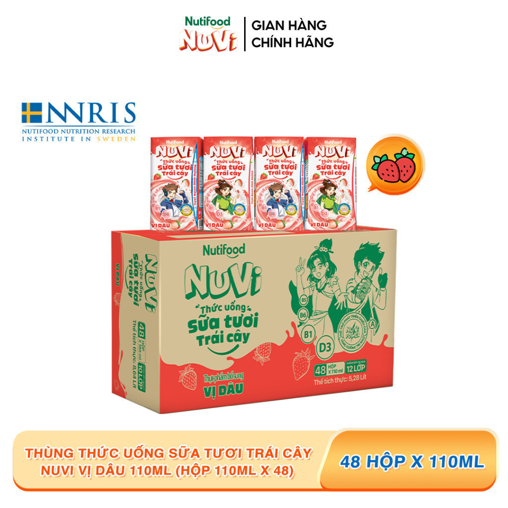 Ảnh NuVi Thùng Thức Uống Sữa Tươi Trái Cây Vị Dâu 110ml (Hộp 110ml x 48) 1