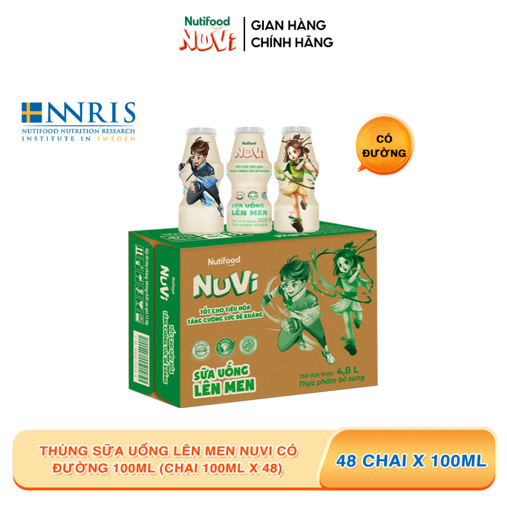 Thùng 48 Chai Sữa Uống Lên Men NuVi Có Đường/Dâu/Cam 100ml