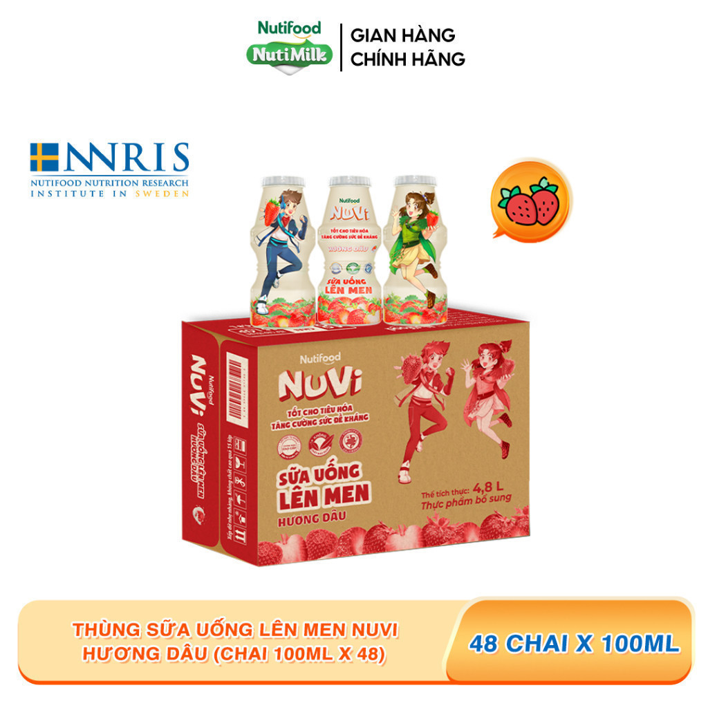 Thùng 48 Chai Sữa Uống Lên Men NuVi Vị Dâu 100ml