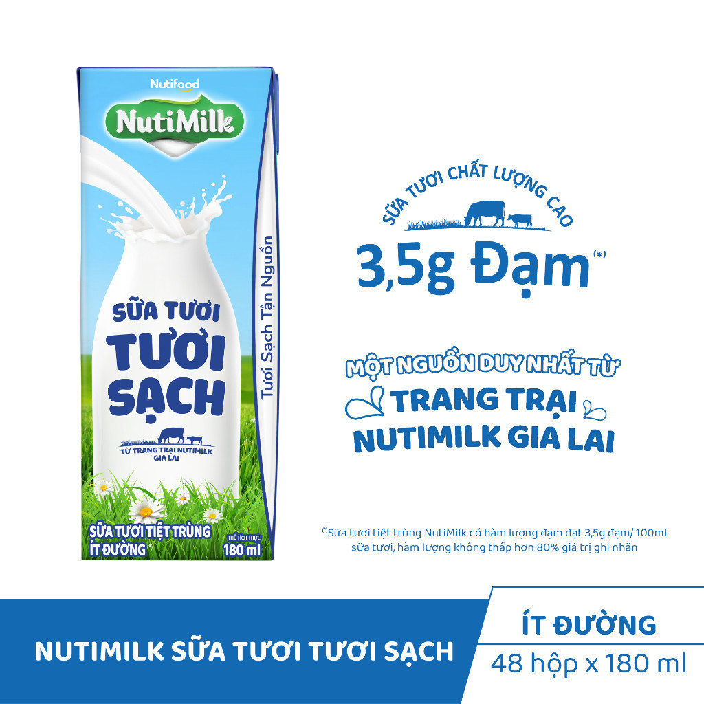 Ảnh Thùng Sữa Tươi Tươi Sạch NutiMilk Ít Đường 180ml (Hộp 180ml x 48) 2