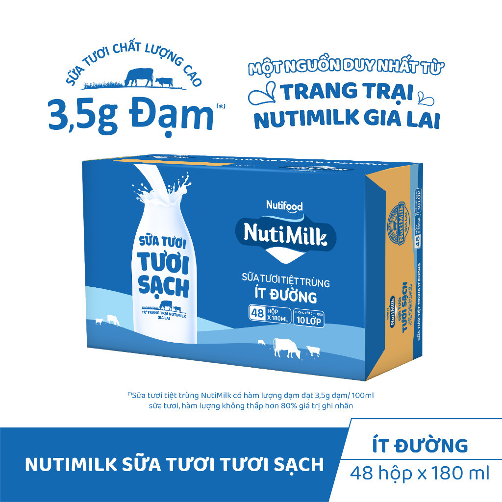 Ảnh Thùng Sữa Tươi Tươi Sạch NutiMilk Ít Đường 180ml (Hộp 180ml x 48) 3