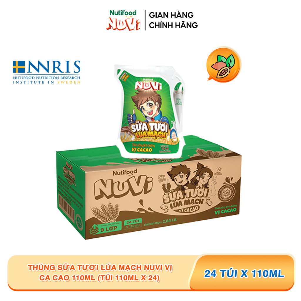Ảnh Thùng Sữa Tươi Lúa Mạch NuVi Vị Ca Cao 110ml (Túi 110ml x 24) - Phát Triển Chiều Cao 1