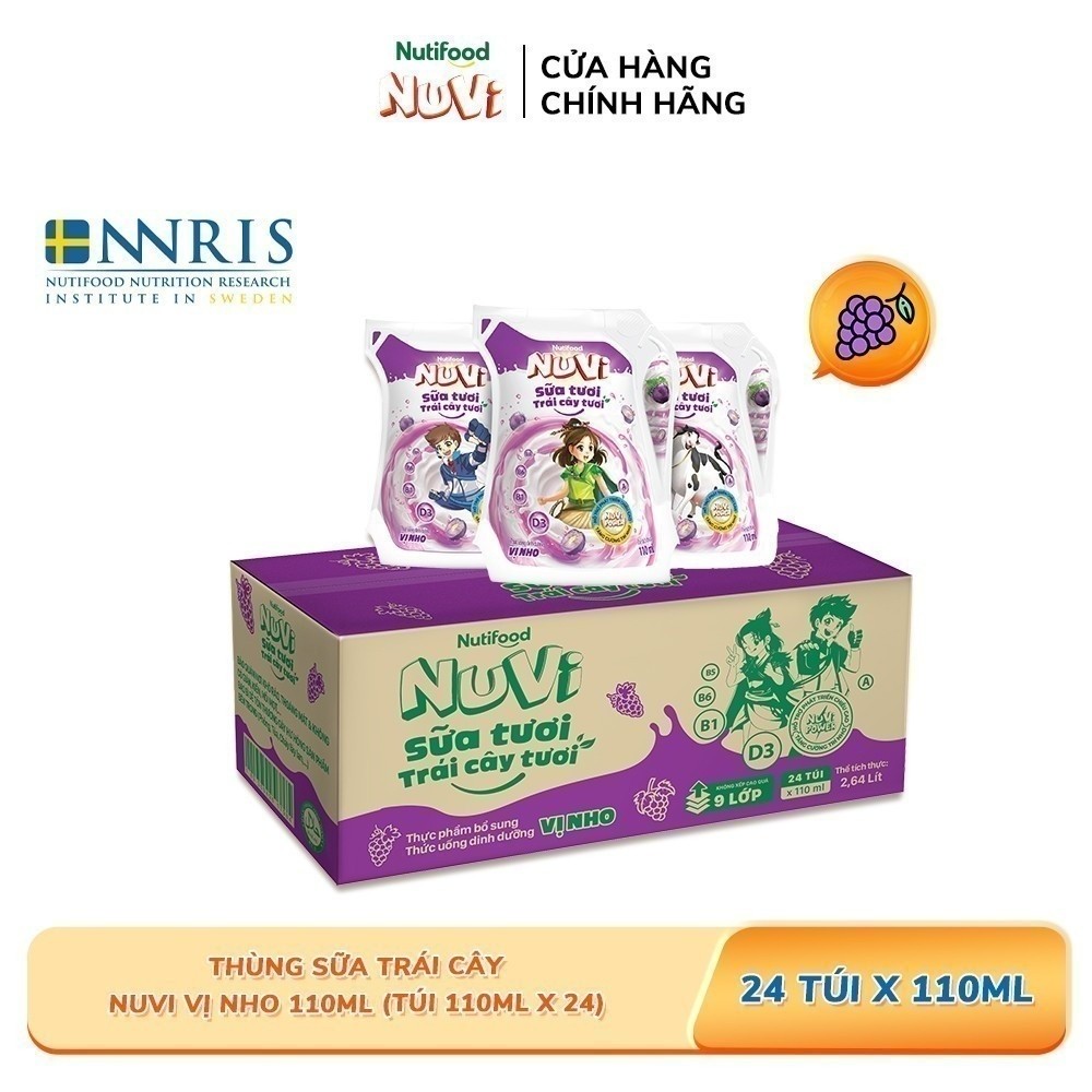 Ảnh NuVi Thùng Thức Uống Sữa Tươi Trái Cây Vị Nho 110ml (Túi 110ml x 24) 1