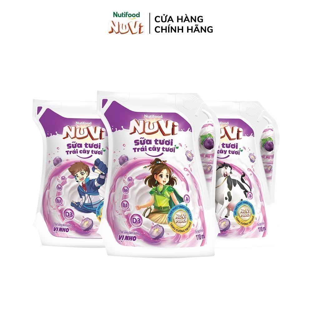 Ảnh NuVi Thùng Thức Uống Sữa Tươi Trái Cây Vị Nho 110ml (Túi 110ml x 24) 3