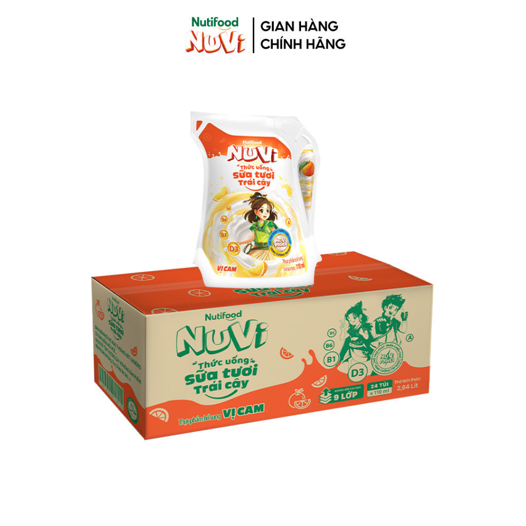 Ảnh NuVi Thùng Thức Uống Sữa Tươi Trái Cây Vị Cam 110ml (Túi 110ml x 24) 2