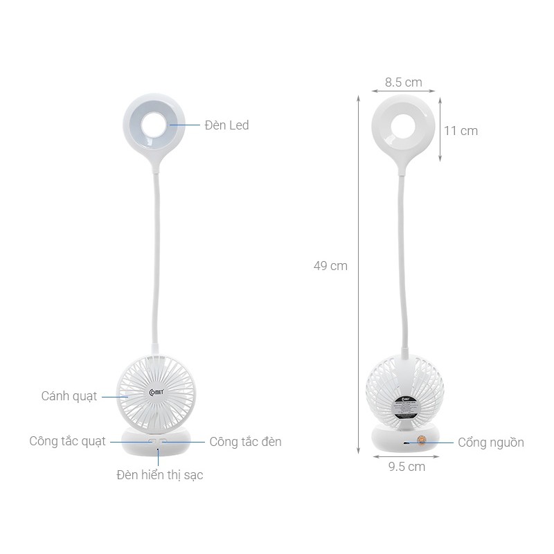 Mô tả Đèn bàn sạc led COMET CT176 4W kiêm Quạt sạc 4W, tổng công suất 8W - 3