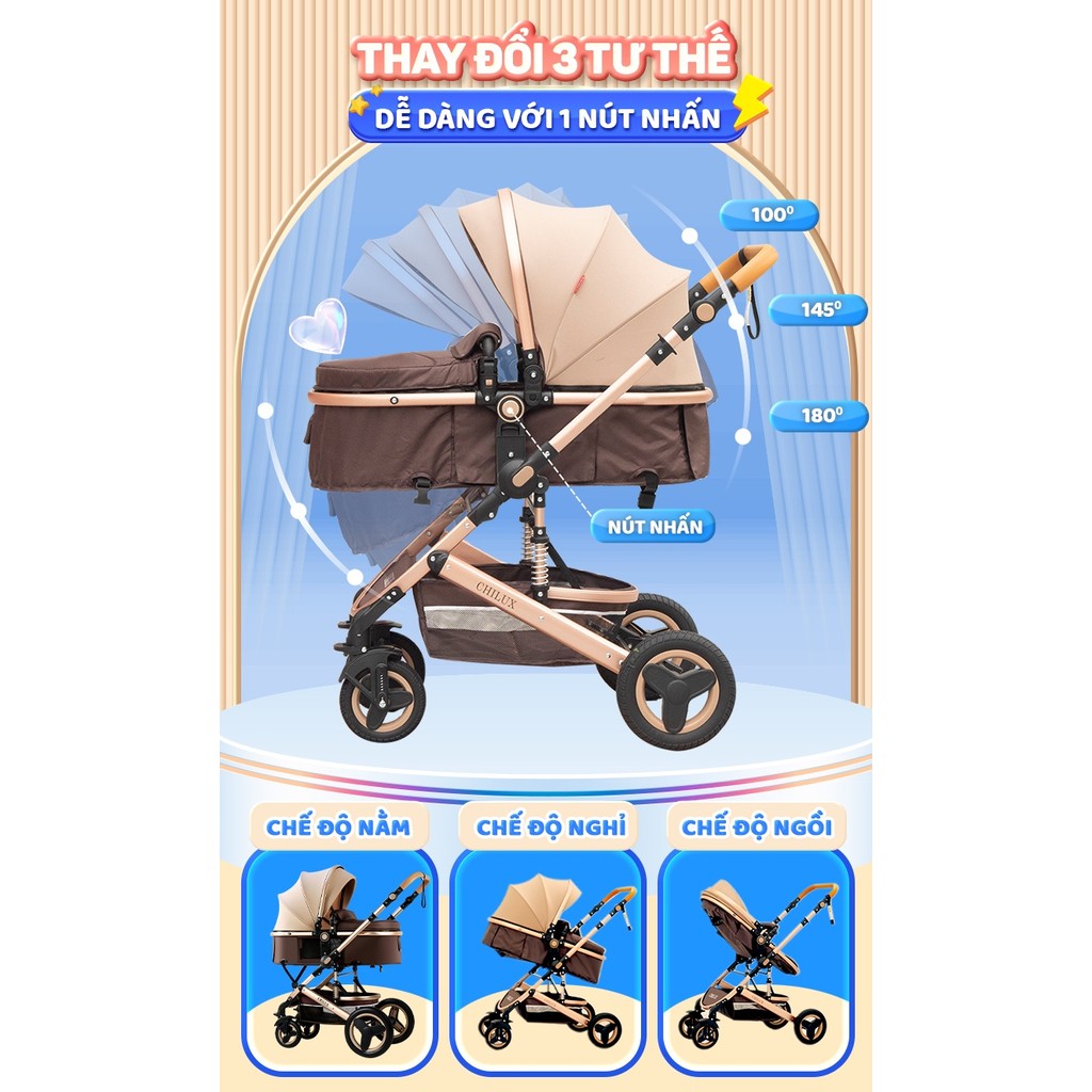 Mô tả Xe đẩy cho bé Chilux V1.6 - 9 tính năng tiện dụng cho mẹ và bé - có thể gấp gọn - 7
