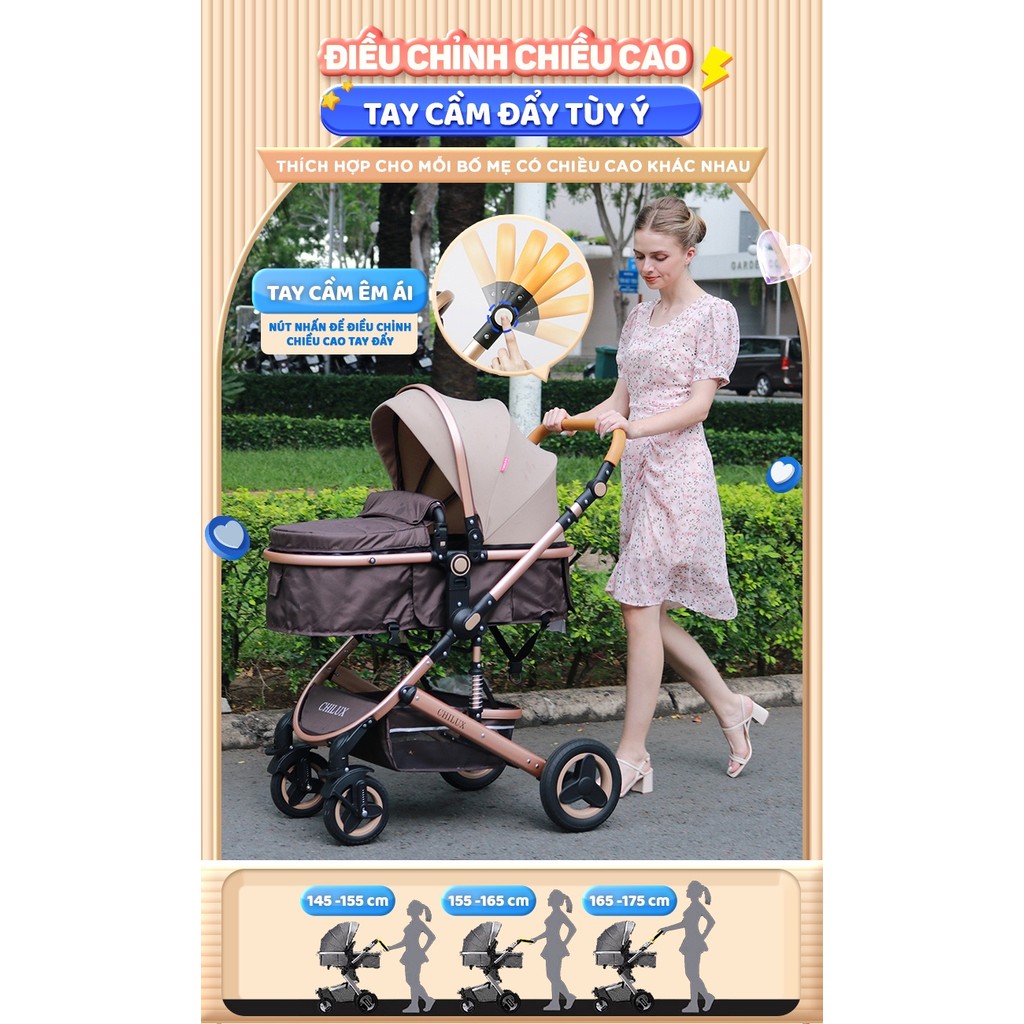 Mô tả Xe đẩy cho bé Chilux V1.6 - 9 tính năng tiện dụng cho mẹ và bé - có thể gấp gọn - 9
