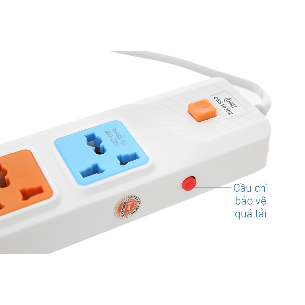 Mô tả Ổ Cắm Điện Nối Dài COMET CES10302 2500W Dài 2m, 3 lỗ 3 chấu, có cầu chì bảo vệ - 3
