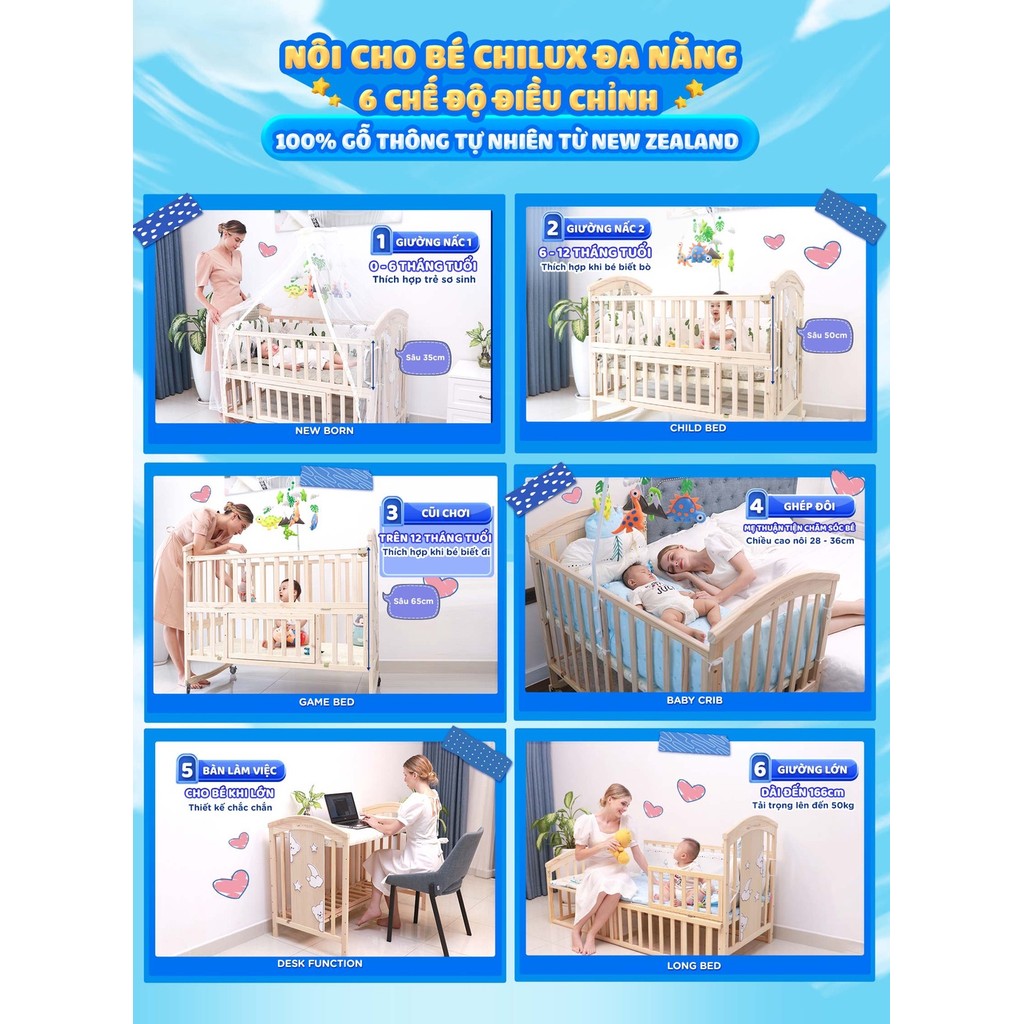 Mô tả Nôi cũi cho bé Chilux Peace Natural - Đa năng 6 chế độ tiện lợi cho mẹ và bé - Bảo hành 3năm - 2