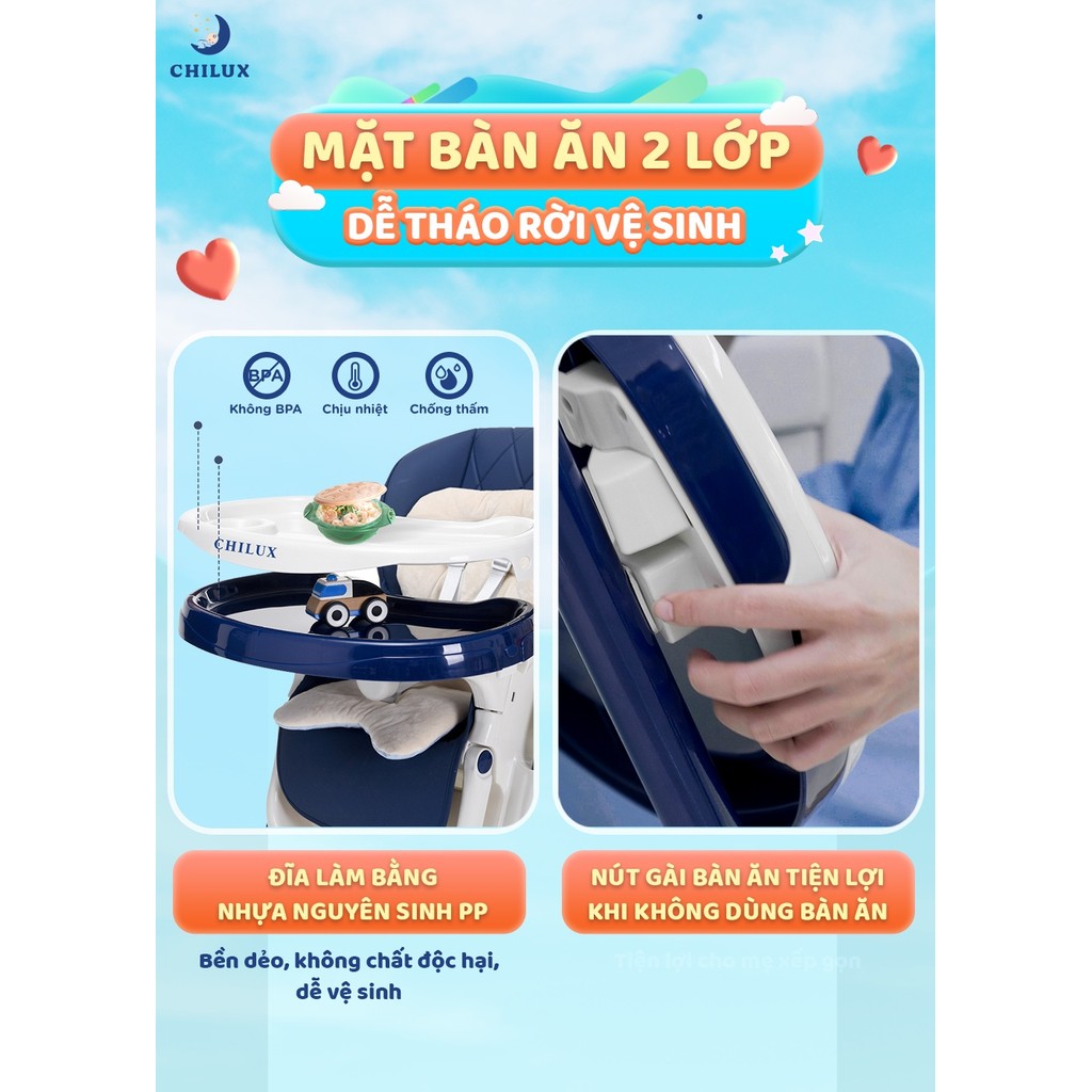 Mô tả Ghế ăn dặm cho bé cao cấp Chilux Grow V - Có thể gấp gọn - Nâng hạ độ cao dễ dàng - 5