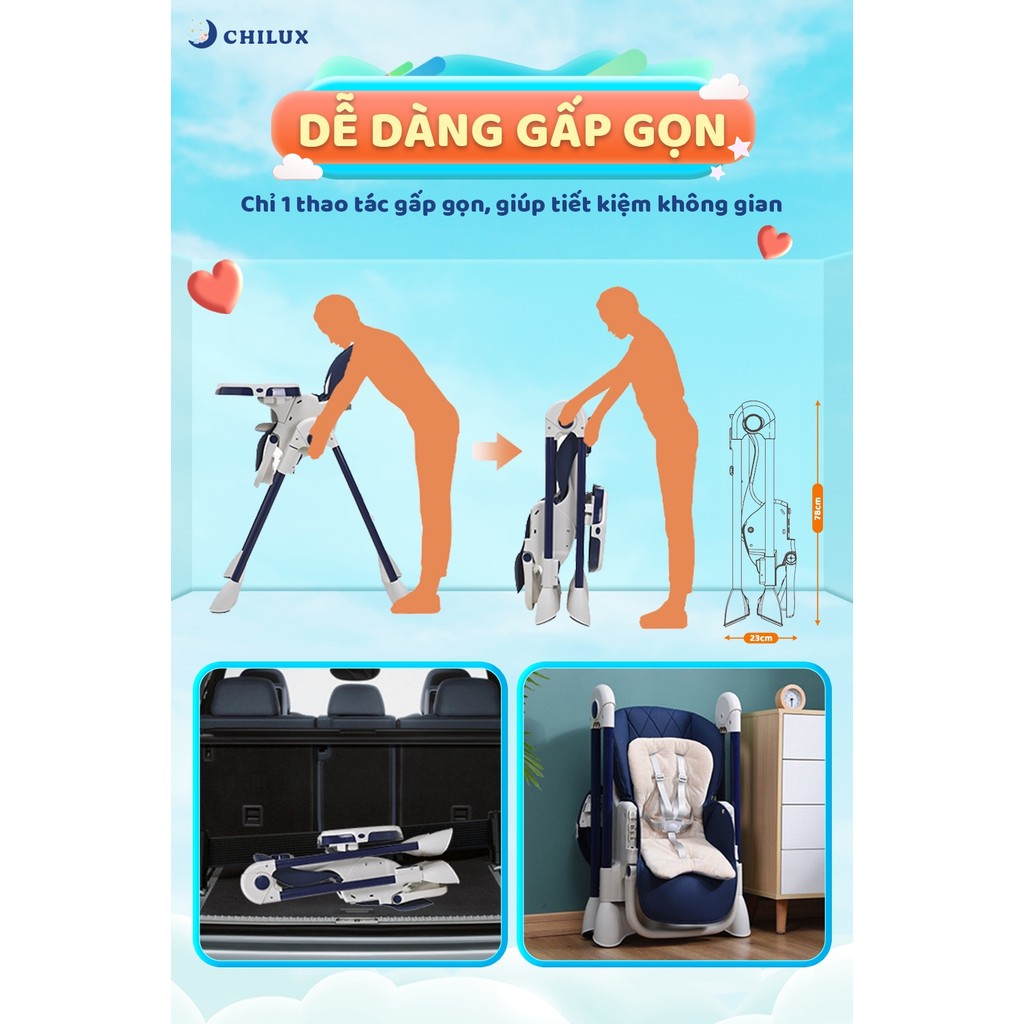 Mô tả Ghế ăn dặm cho bé cao cấp Chilux Grow V - Có thể gấp gọn - Nâng hạ độ cao dễ dàng - 9