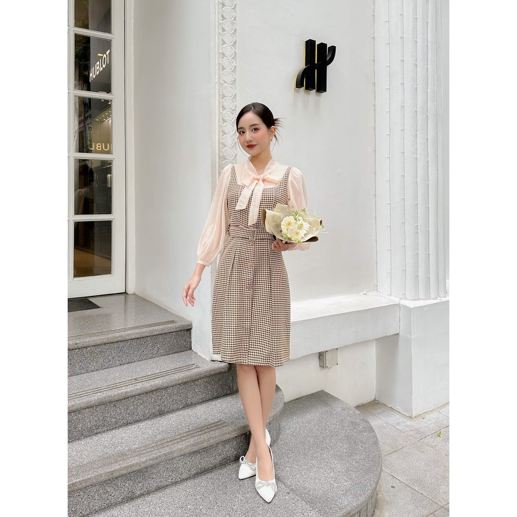 Mô tả Váy dạ 2 lớp tay áo voan tơ mềm kèm đai belt màu nâu, xanh đen Chubby Dress YAME - 2