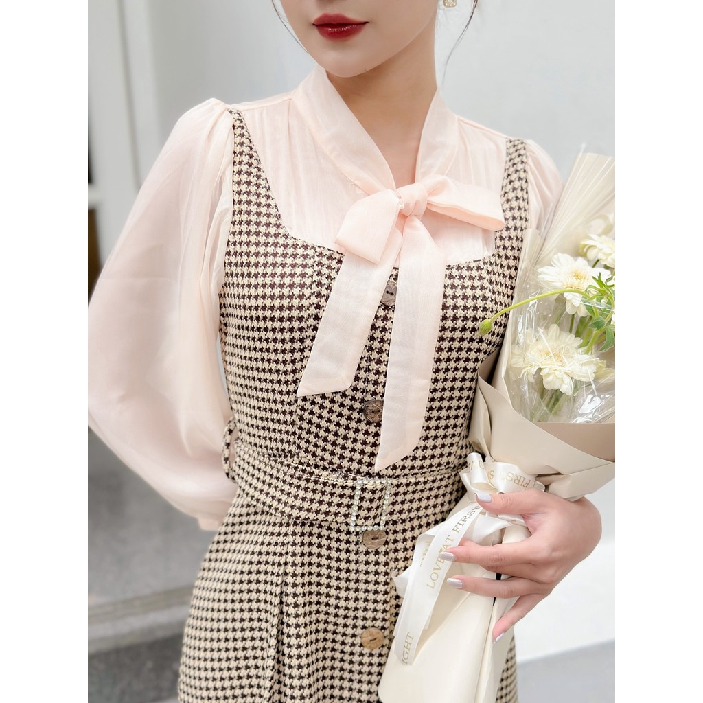 Mô tả Váy dạ 2 lớp tay áo voan tơ mềm kèm đai belt màu nâu, xanh đen Chubby Dress YAME - 4