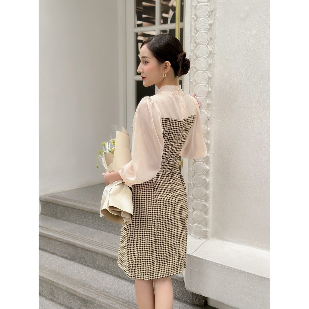 Mô tả Váy dạ 2 lớp tay áo voan tơ mềm kèm đai belt màu nâu, xanh đen Chubby Dress YAME - 5