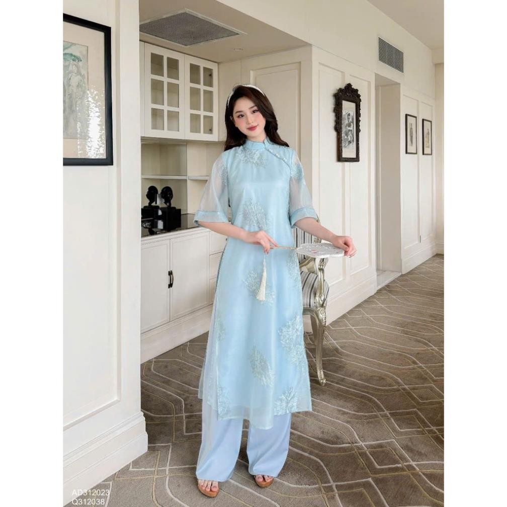 Thời Trang Nữ LASY| Sét Áo Dài Truyền Thống Cách Tân Tơ San Hô Bọc Viền Cổ Đính Ngọc Phối Sẵn Quần AD0967
