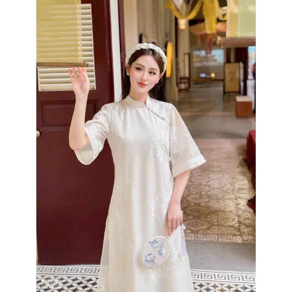 Thời Trang Nữ LASY| Sét Áo Dài Truyền Thống Cách Tân Tơ San Hô Bọc Viền Cổ Đính Ngọc Phối Sẵn Quần AD0967