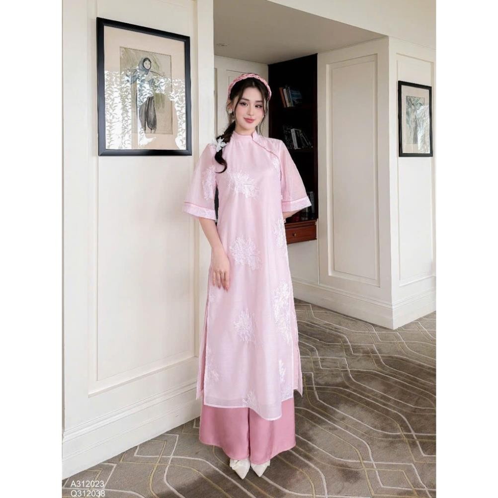 Thời Trang Nữ LASY| Sét Áo Dài Truyền Thống Cách Tân Tơ San Hô Bọc Viền Cổ Đính Ngọc Phối Sẵn Quần AD0967