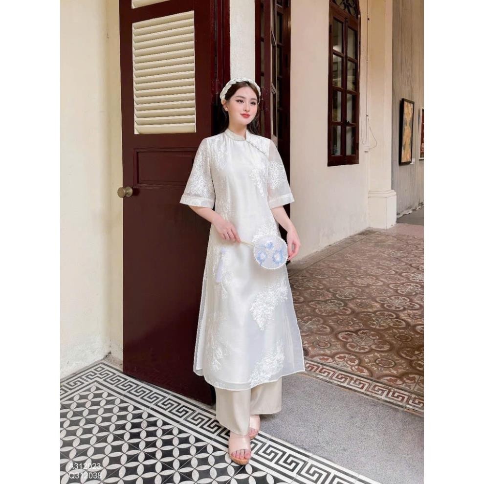 Thời Trang Nữ LASY| Sét Áo Dài Truyền Thống Cách Tân Tơ San Hô Bọc Viền Cổ Đính Ngọc Phối Sẵn Quần AD0967