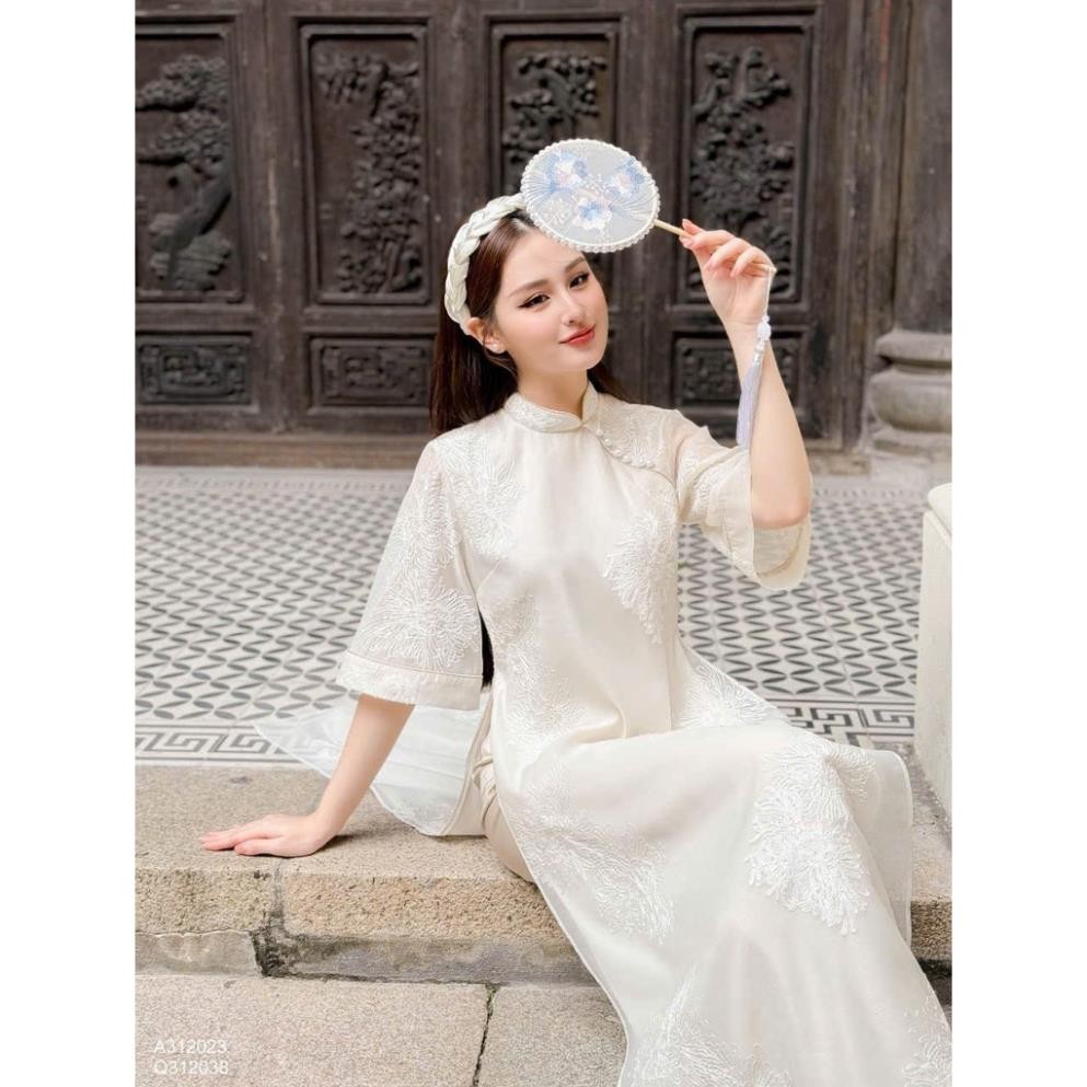 Thời Trang Nữ LASY| Sét Áo Dài Truyền Thống Cách Tân Tơ San Hô Bọc Viền Cổ Đính Ngọc Phối Sẵn Quần AD0967