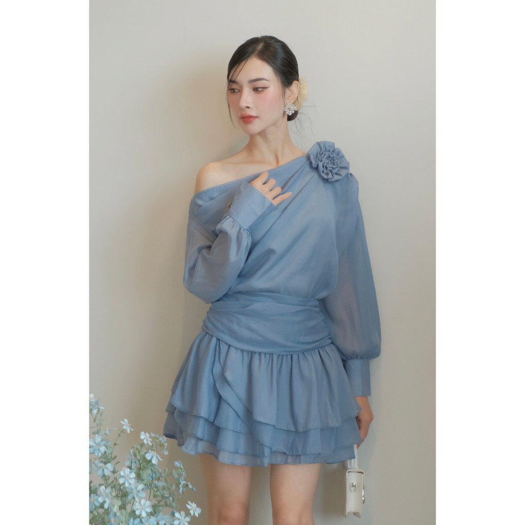 Thời Trang Nữ LASY| Sét Đi Chơi, Đi Tiệc Áo Lêch Vai Đính Hoa + Chân Váy Xếp Ly Tầng - D0888