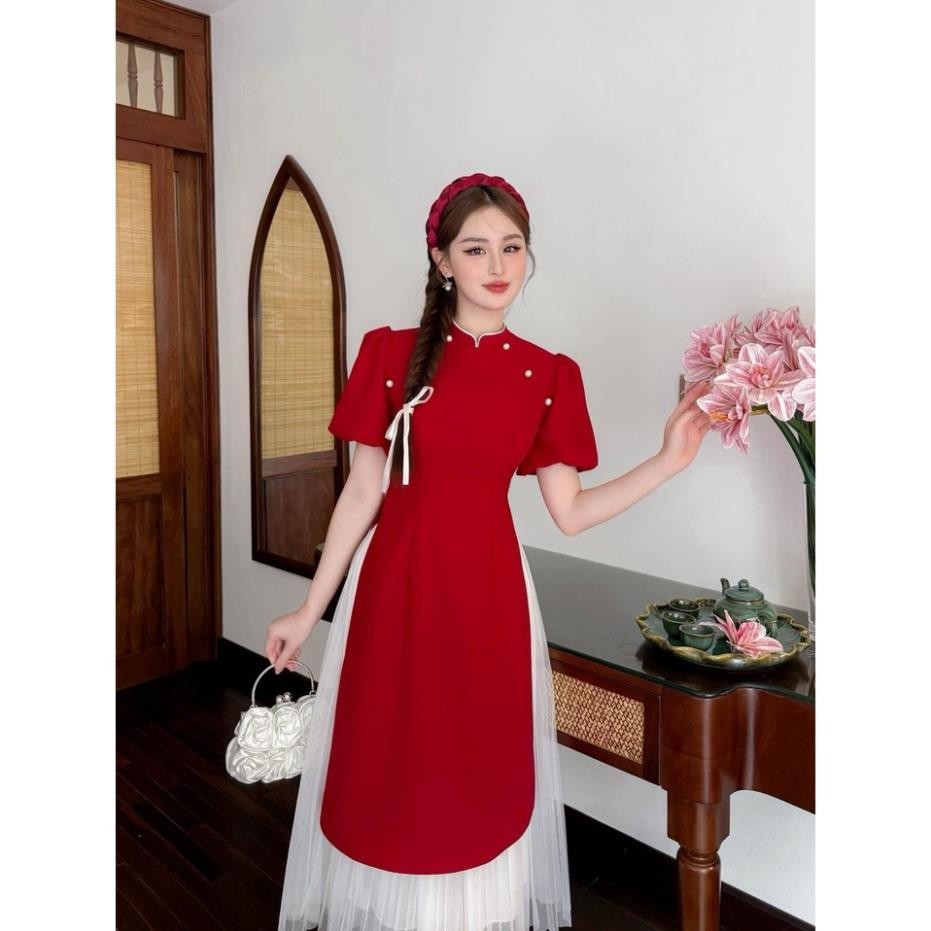 (HỎA TỐC HCM) Thời Trang Nữ LASY| Sét Áo Dài Tết Xuân Đính Ngọc Tay Phồng Kèm Chân Váy Xòe Dáng Dài P0855