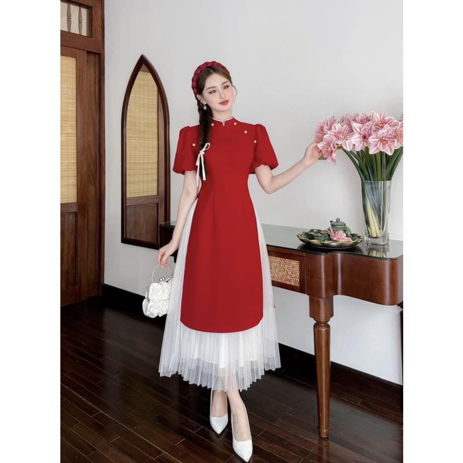 (HỎA TỐC HCM) Thời Trang Nữ LASY| Sét Áo Dài Tết Xuân Đính Ngọc Tay Phồng Kèm Chân Váy Xòe Dáng Dài P0855