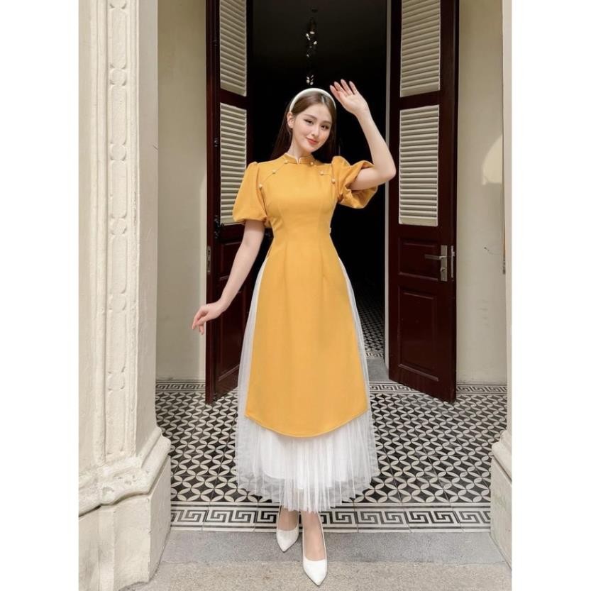 (HỎA TỐC HCM) Thời Trang Nữ LASY| Sét Áo Dài Tết Xuân Đính Ngọc Tay Phồng Kèm Chân Váy Xòe Dáng Dài P0855