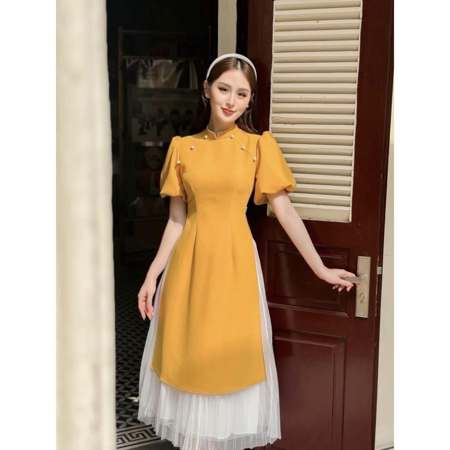 (HỎA TỐC HCM) Thời Trang Nữ LASY| Sét Áo Dài Tết Xuân Đính Ngọc Tay Phồng Kèm Chân Váy Xòe Dáng Dài P0855