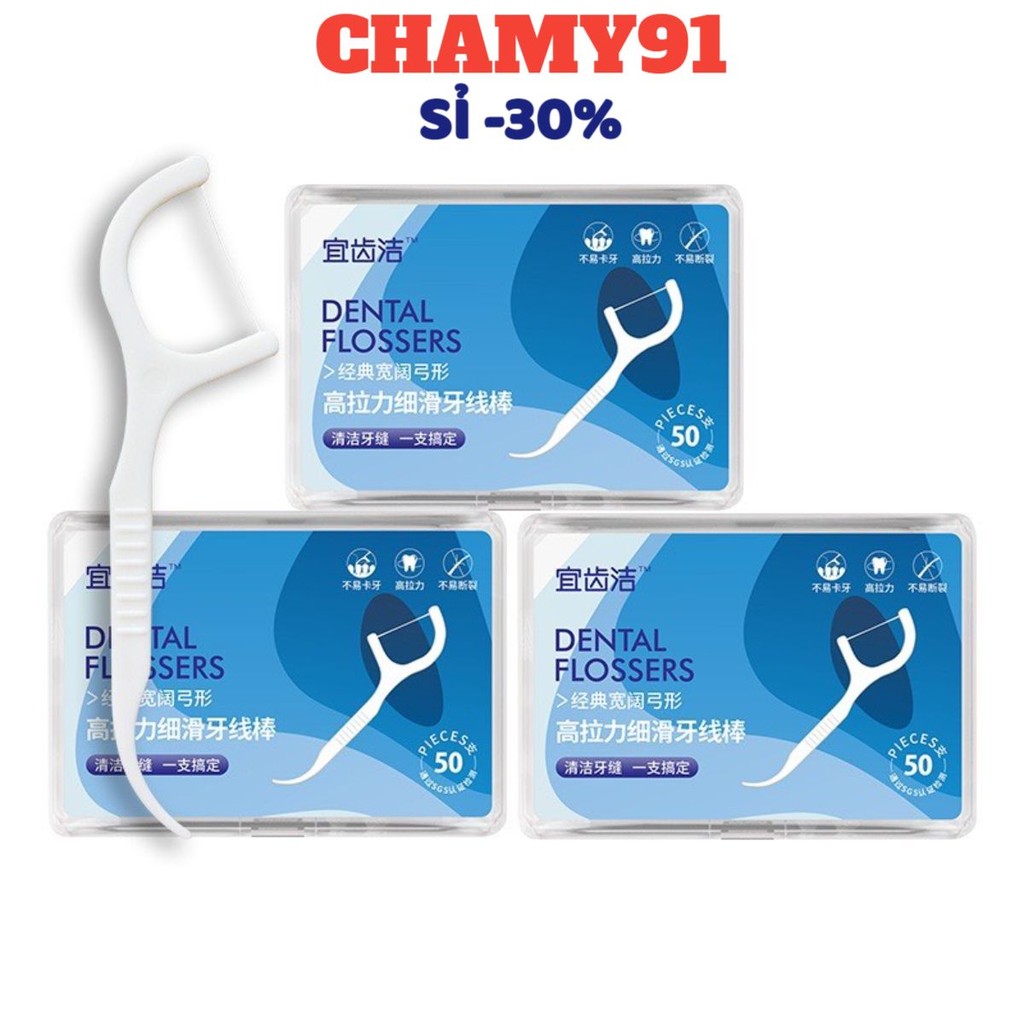 [COMBO 10] Tăm chỉ nha khoa tiệt trùng hộp 50 cây, Chỉ Nha Khoa Hộp 50 Cái, Dụng cụ vệ sinh răng miệng chuyên dụng