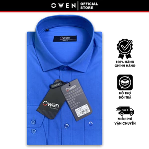 OWEN SALE - Áo Sơ Mi Owen Tay Dài, Màu Sea Blue , Họa Tiết Trơn, Form Regular Fit Lai Bầu Chính Hãng